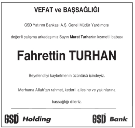 fahrettin turan Hürriyet vefat ilanı