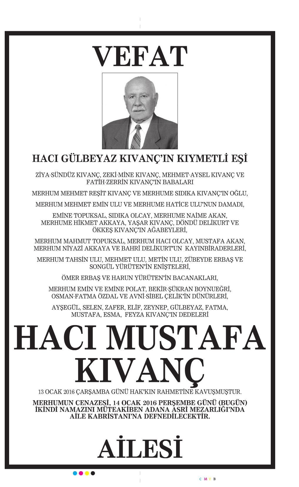 hacı mustafa kıvanç hürriyet vefat ilanı